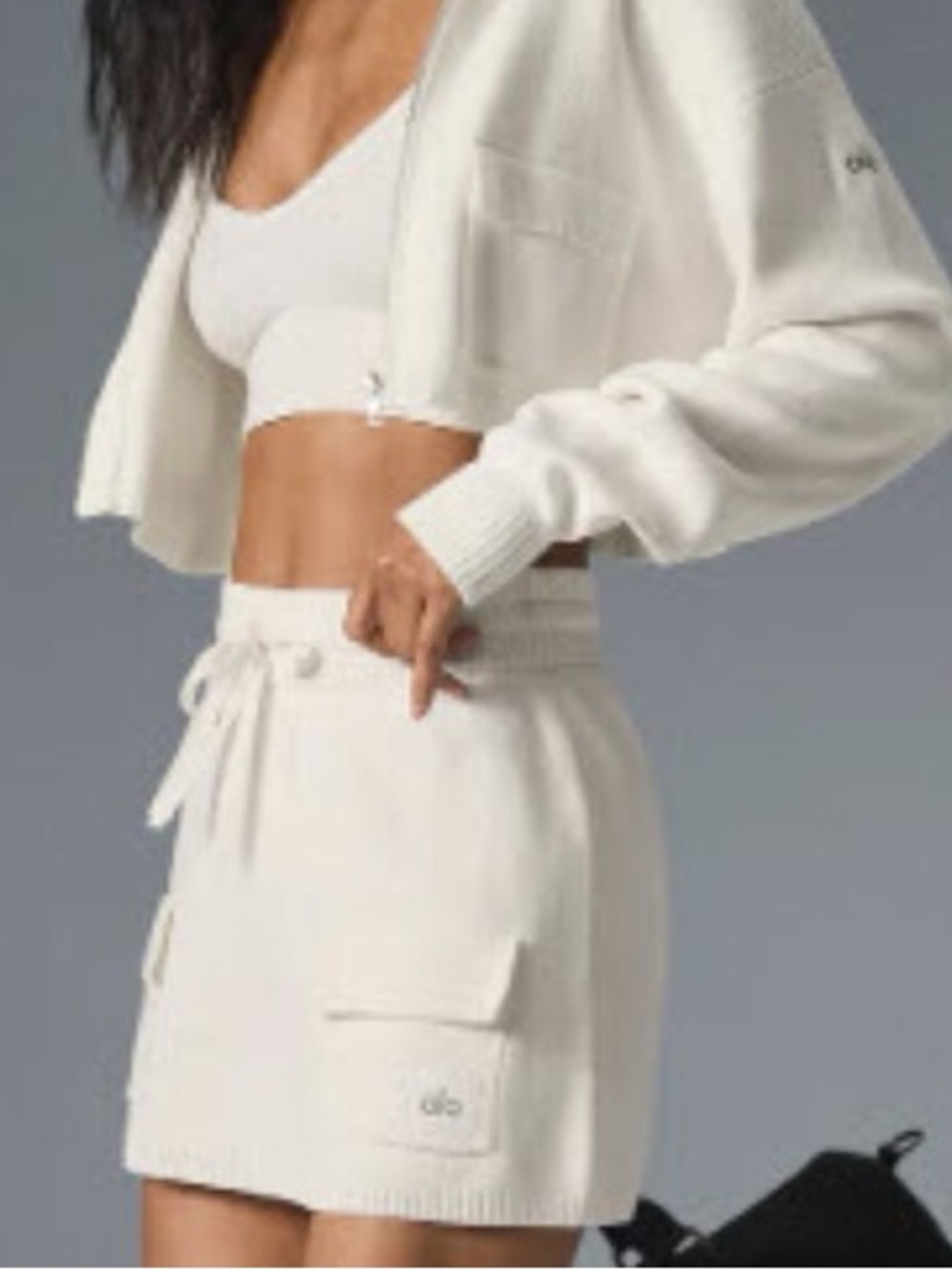 ALO Yoga Scholar knit cropped full  zip jacket and cargo ivory Mini Skirt set